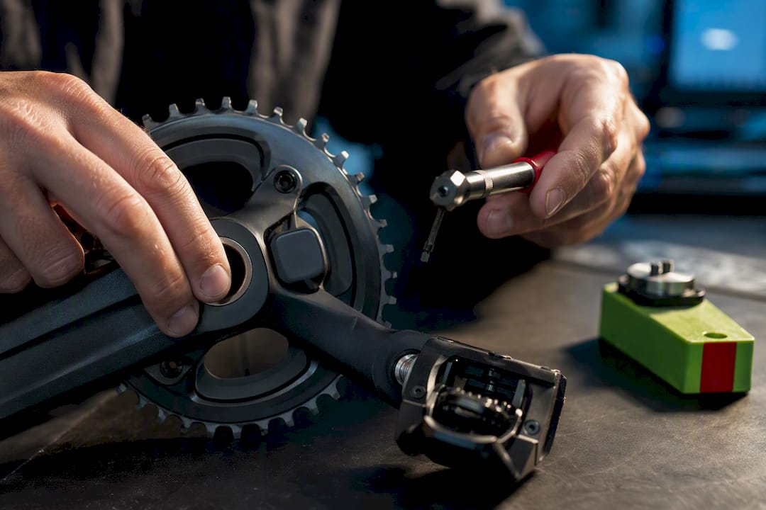 Close-up of cycling power meter hardware