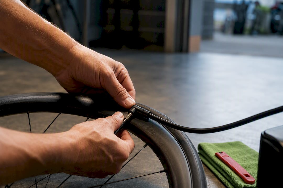 Hands inflating a cycling tire with hose