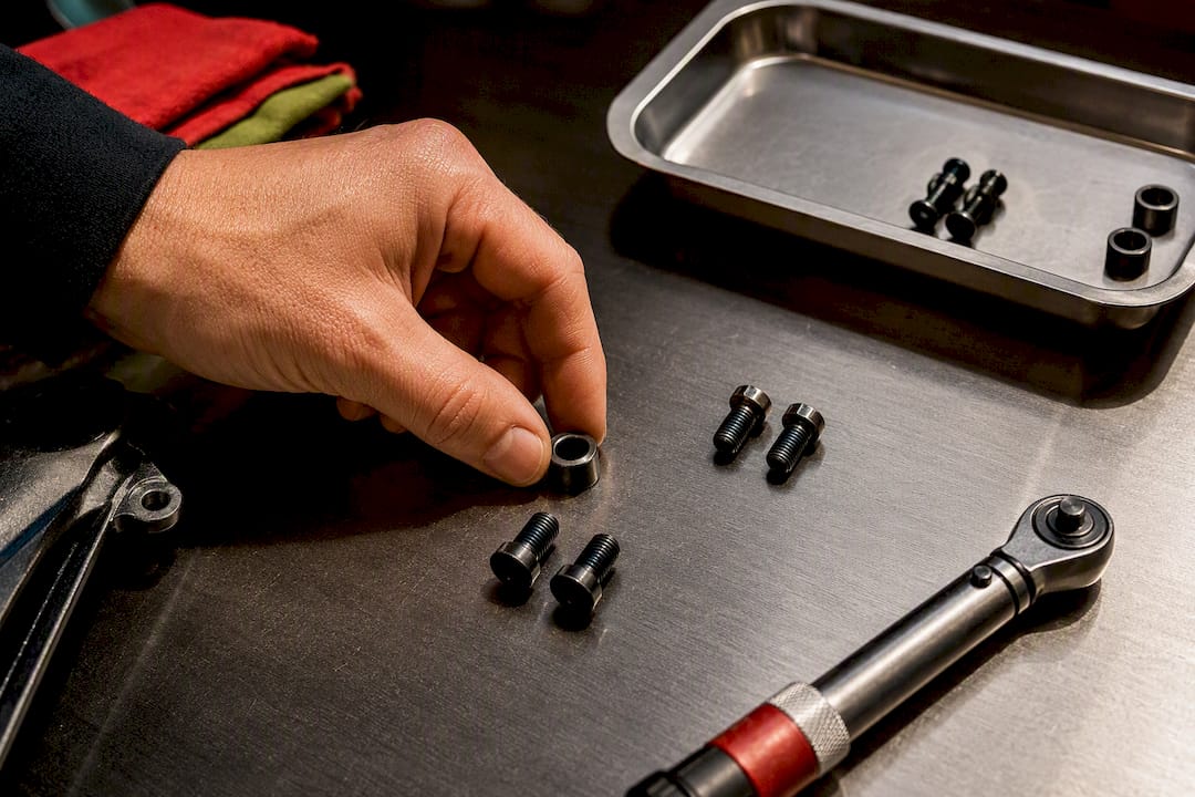 Chainring bolts and spacer on work surface