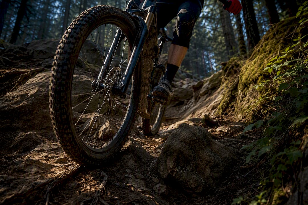 Large wheel rolling over technical mountain trail