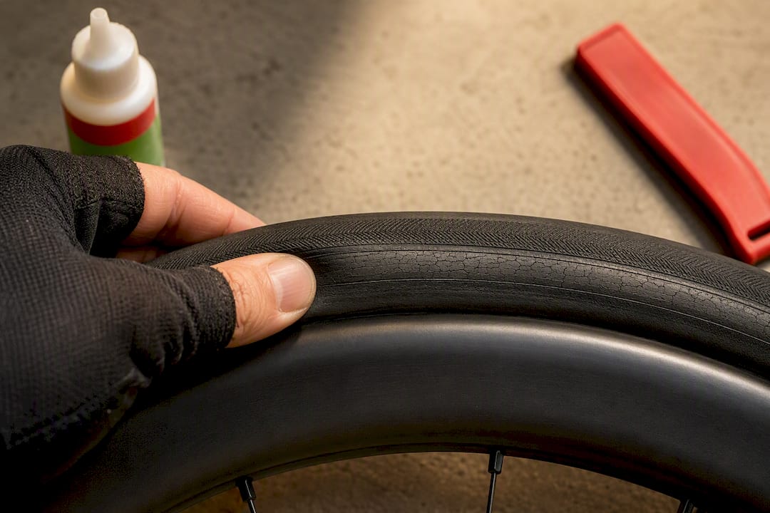 Gloved hand inspecting worn tire sidewall