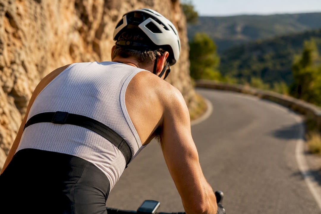 Cyclist climbing while tracking heart rate