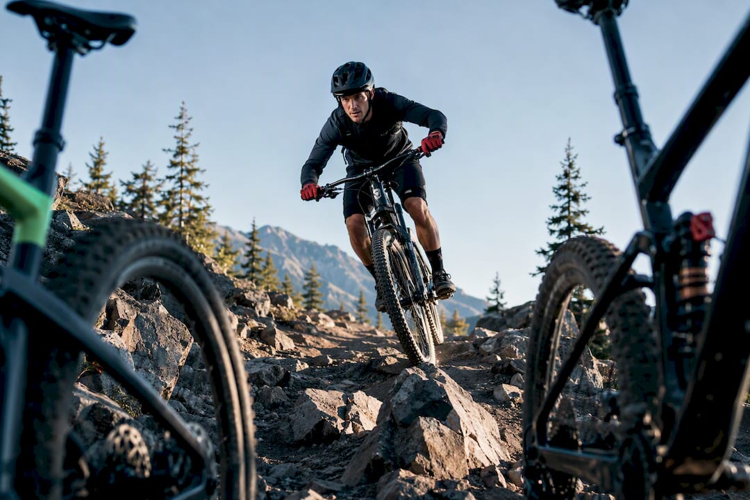Mountain bike suspension comparison on rocky trail