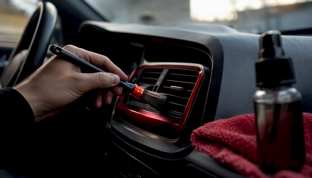 Brush cleaning car air vent closely