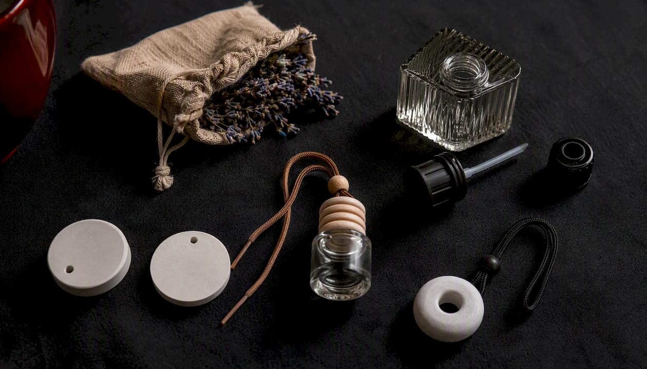 Variety of natural car freshener types flat lay