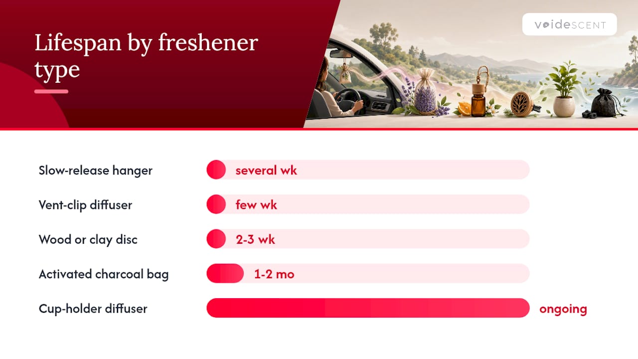 Chart comparing lifespan and maintenance of natural car fresheners