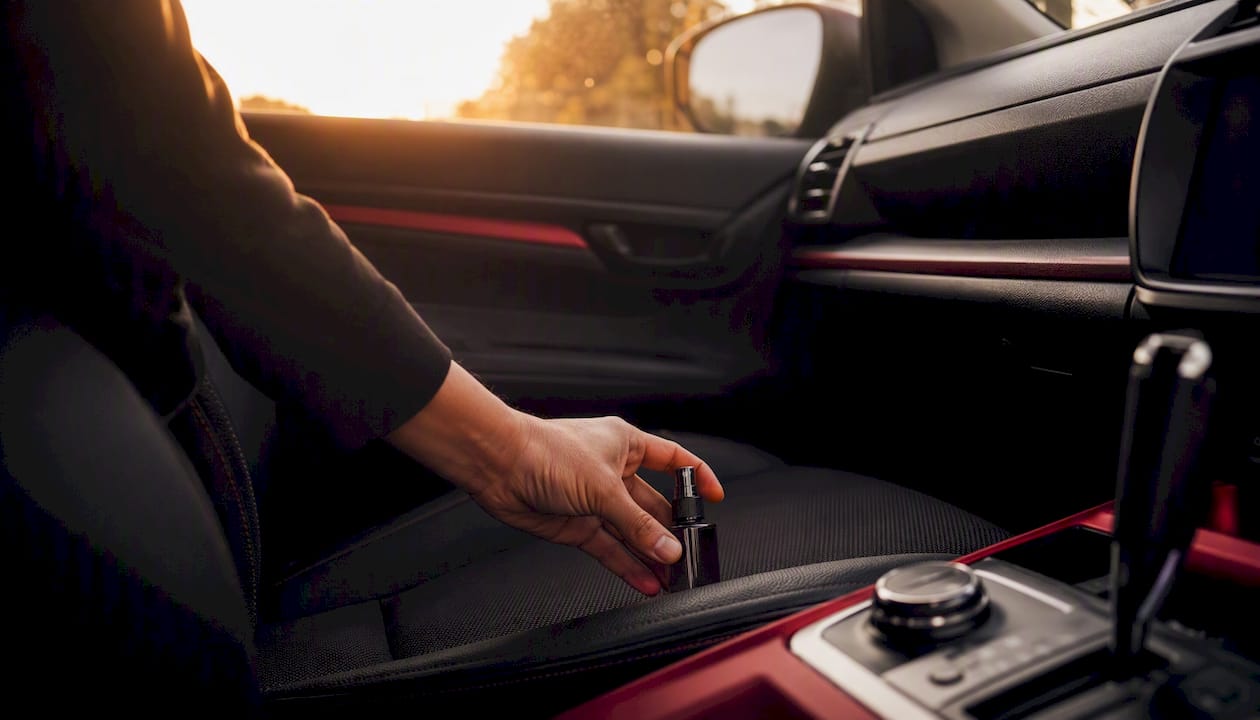 Hands removing spray air freshener inside car