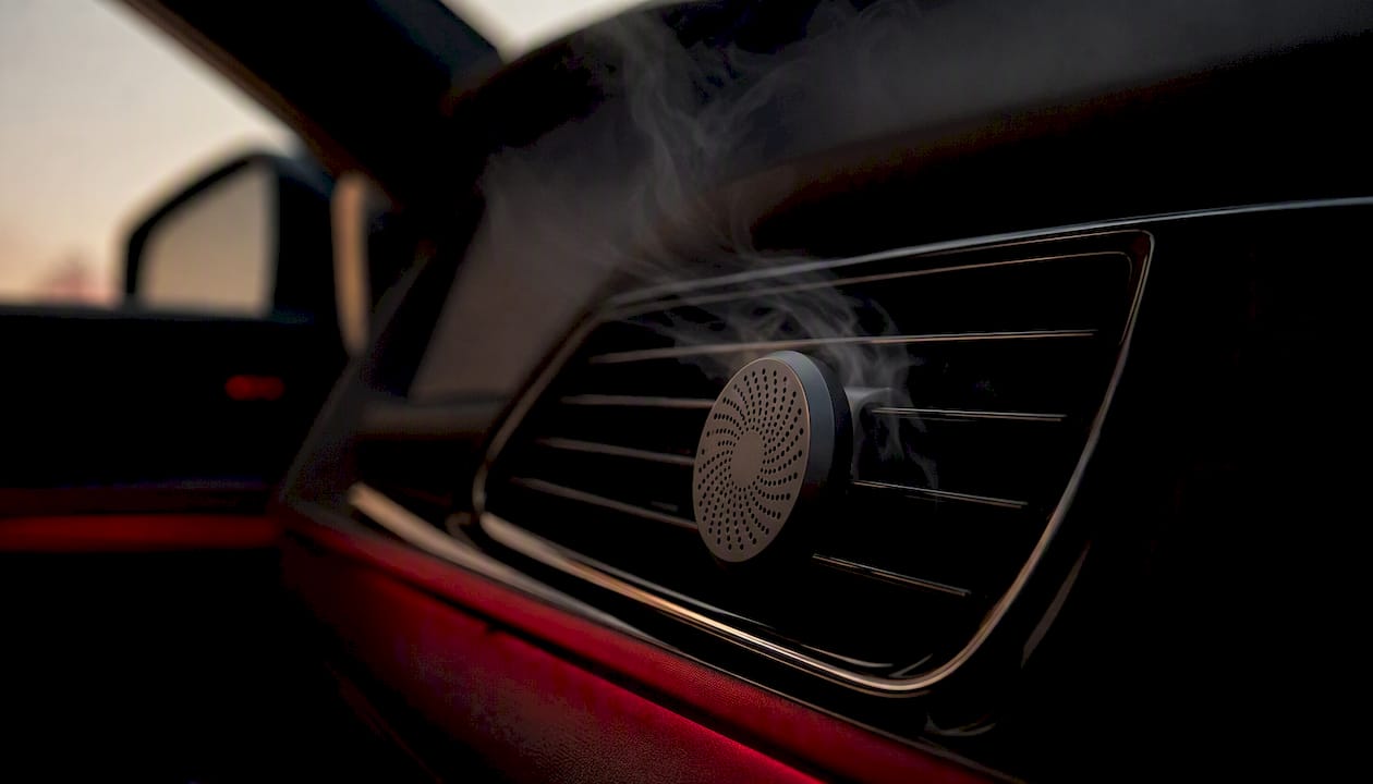 Vent clip freshener on car dashboard air vent