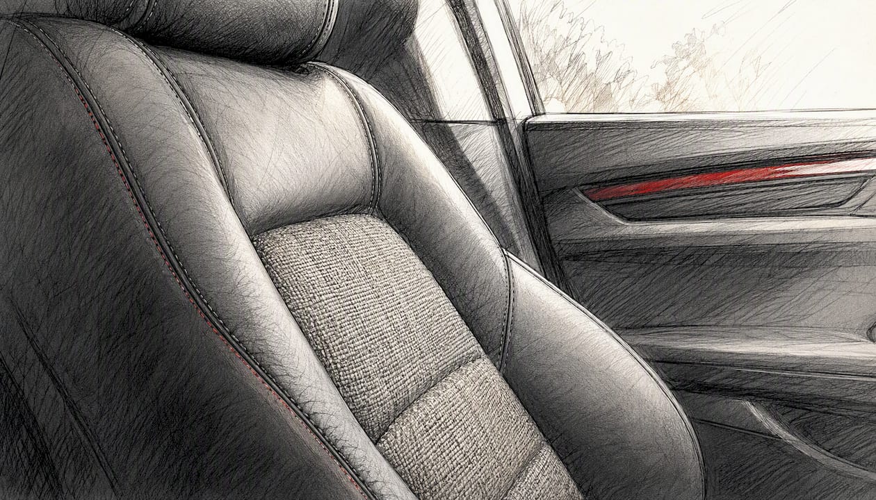 Close-up of vegan leather and textile in minimalist car seat