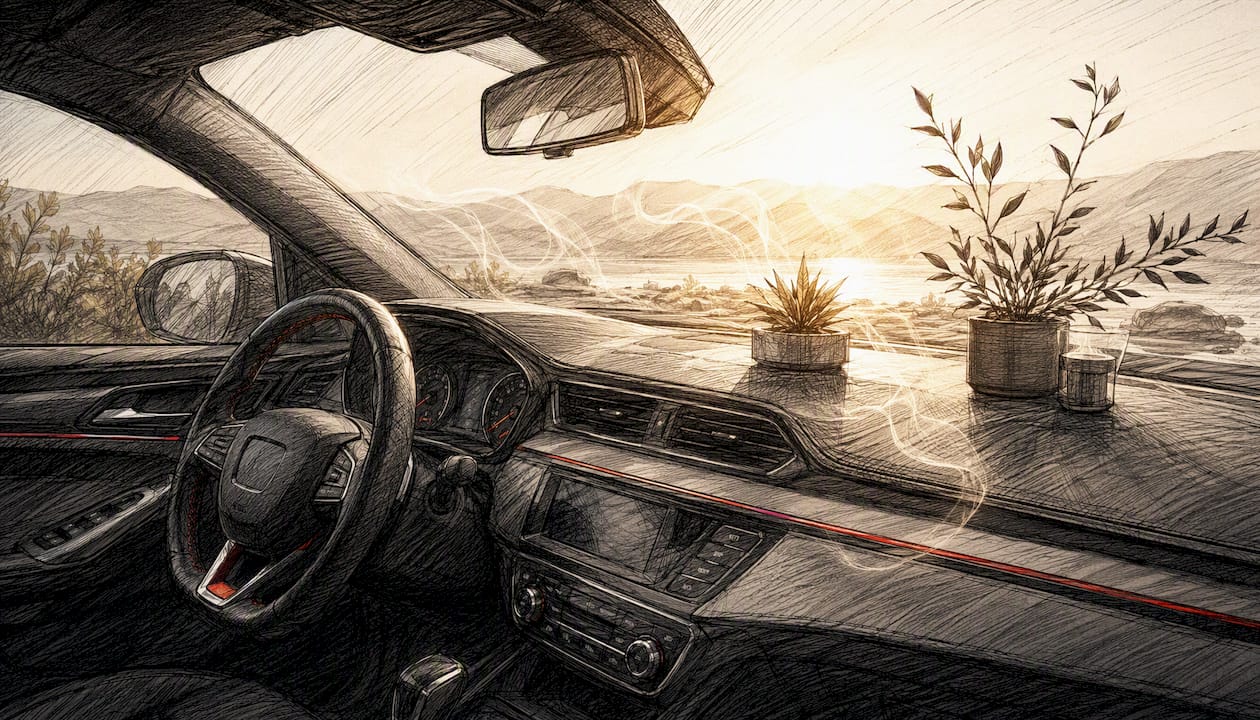 Sunlit car dashboard with subtle fragrance mist