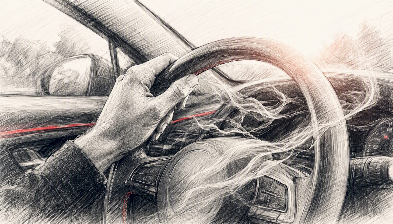 Hand on steering wheel with ambient scent vapor