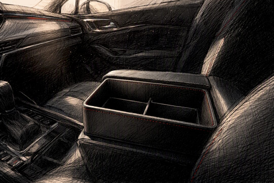 Vegan leather car organizer fitting flush in console