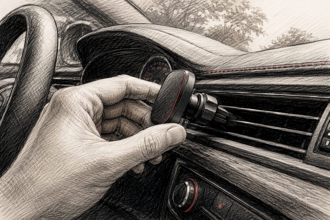 Hand installing a minimalist matte black phone mount