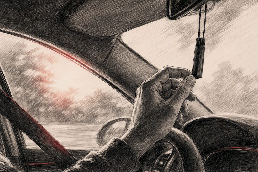 Hand adjusting car fragrance hanger inside car