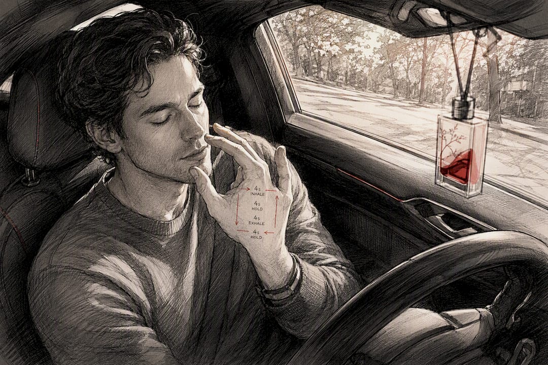 Person inhaling aromatherapy scent while breathing calmly inside car