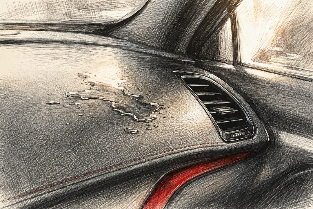 Spilled fragrance oil on car dashboard close-up