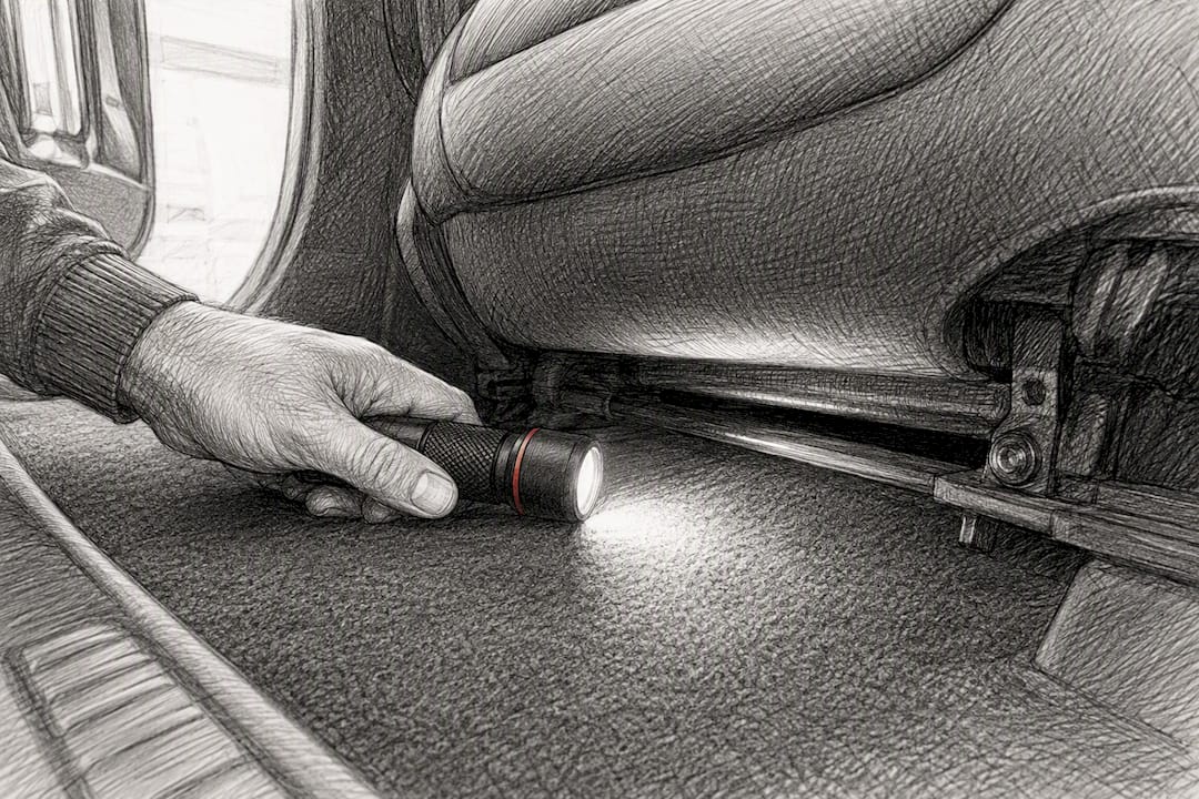 Flashlight inspecting beneath a car seat