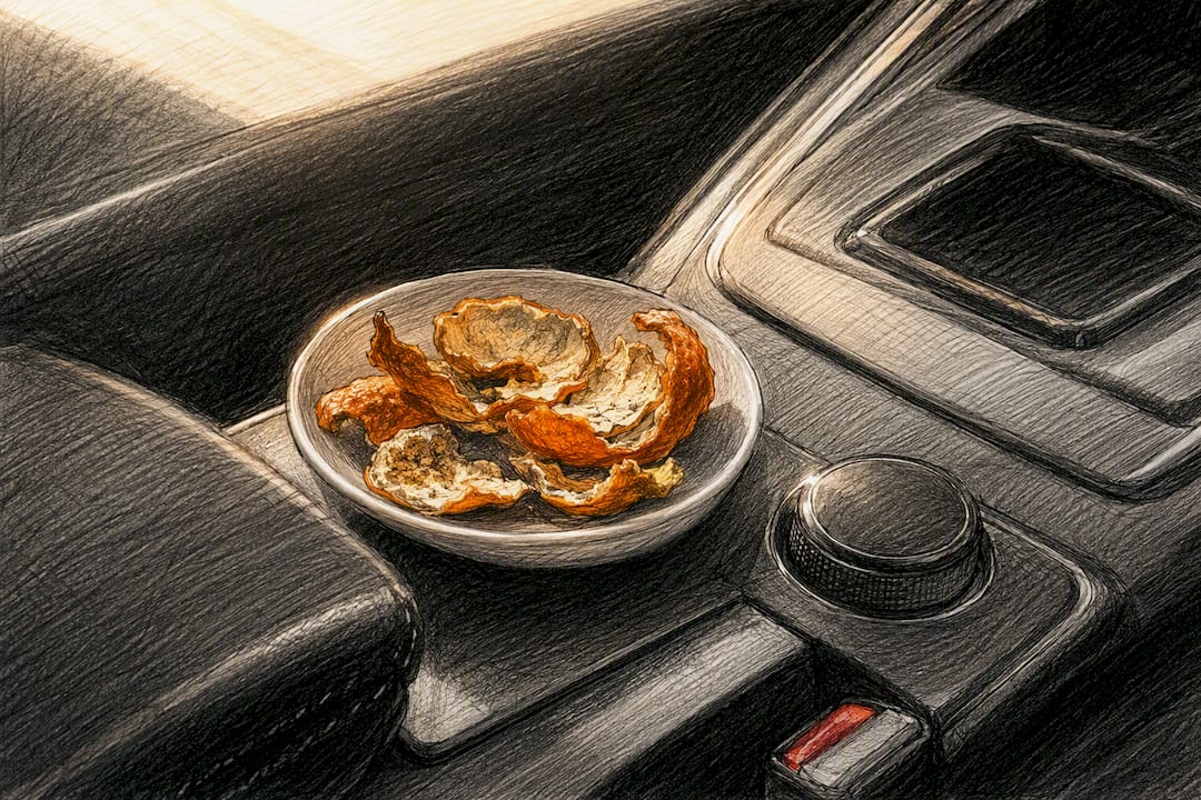 Dried citrus peels in a car dish