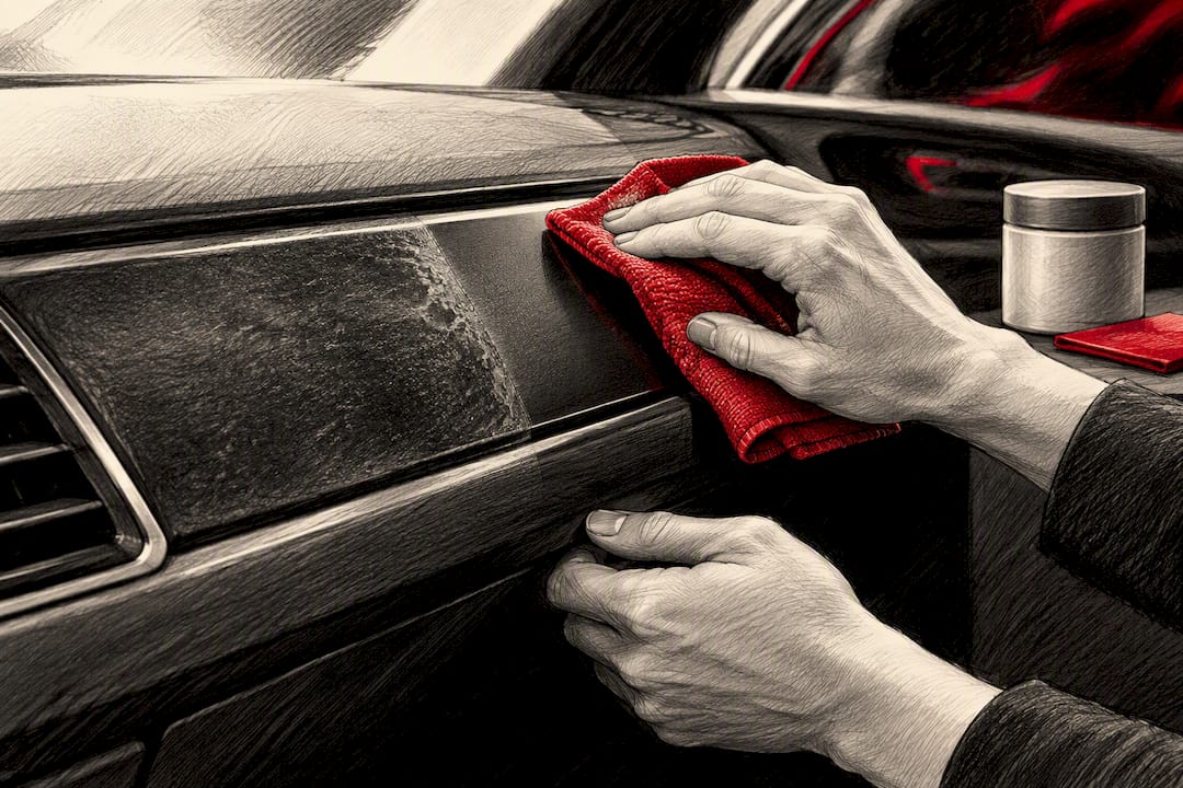 Hands wiping residue from hard interior trim