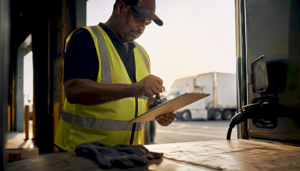 Owner-driver stamping job number on clipboard