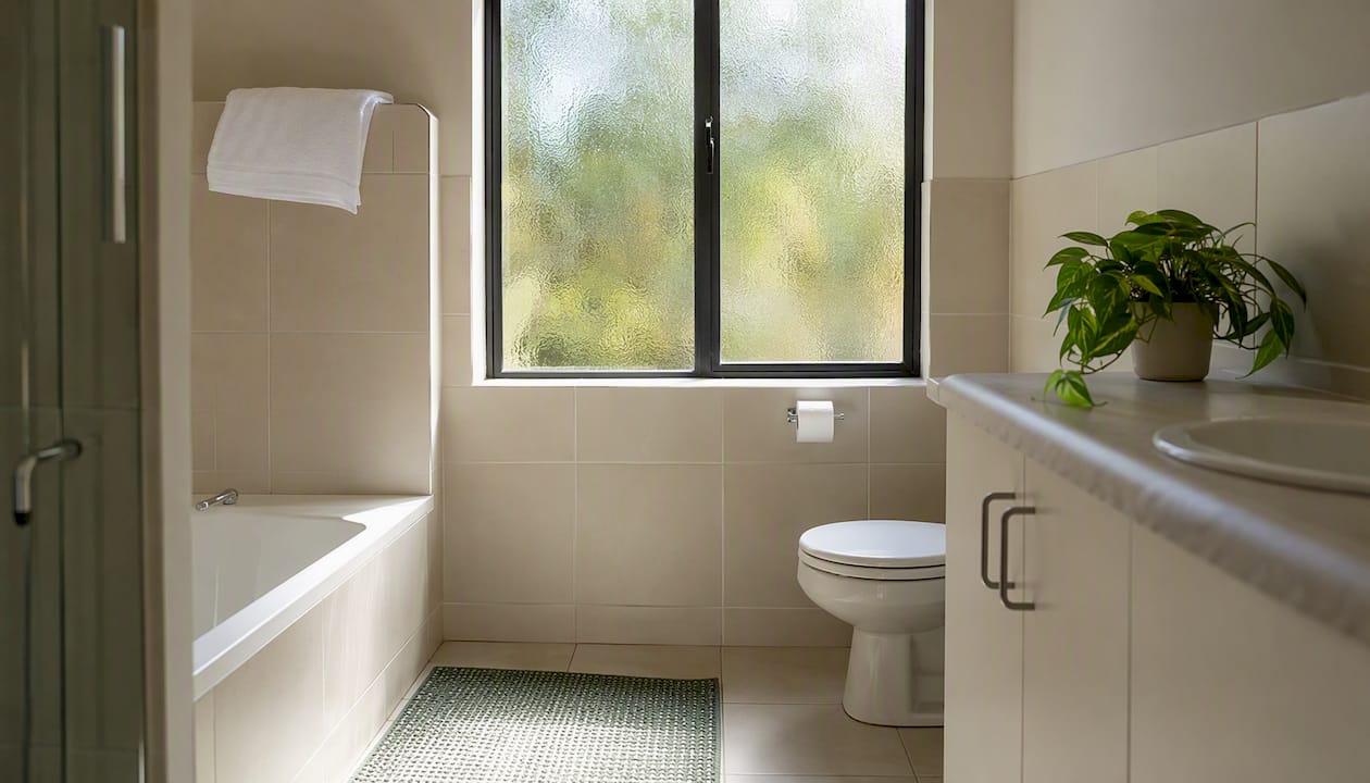Staged empty rental bathroom with towel and plant