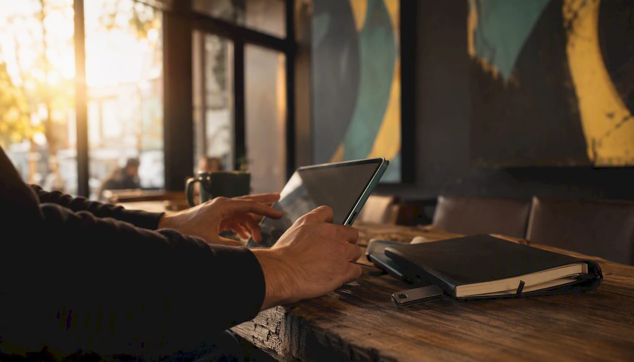 Hands setting trading evaluation tools at desk