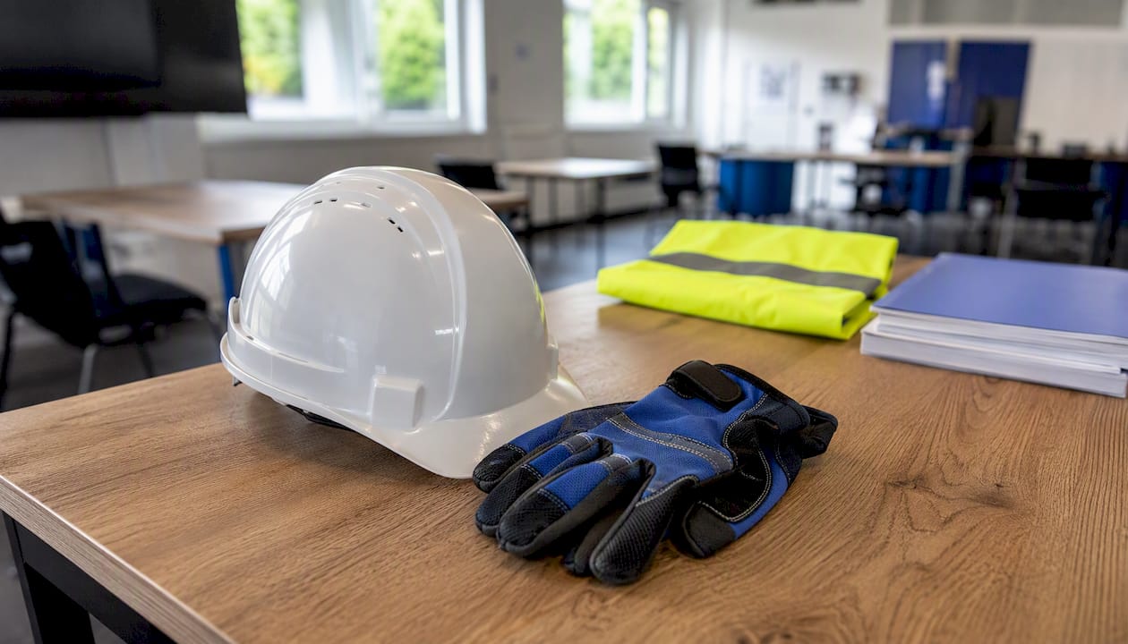 Op de werkbank liggen een helm en handschoenen klaar.