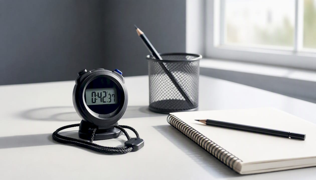 Een stopwatch en een notitieblok die samen het oefenen van examens onder tijdsdruk uitbeelden.