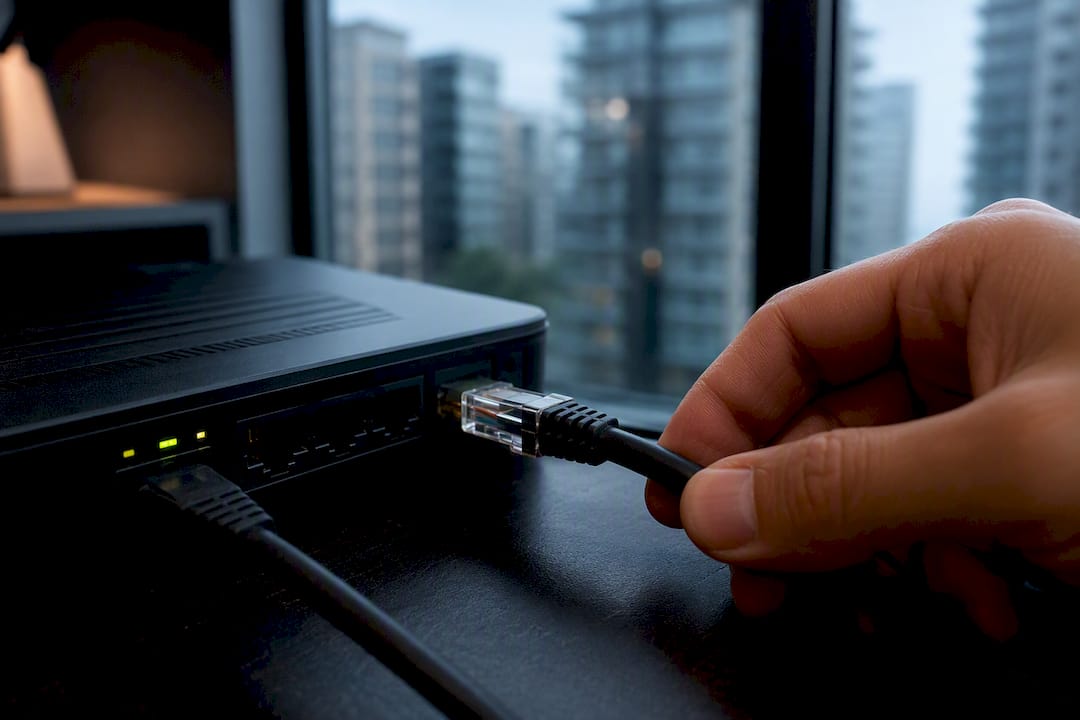 Hand connecting Ethernet cable to home router