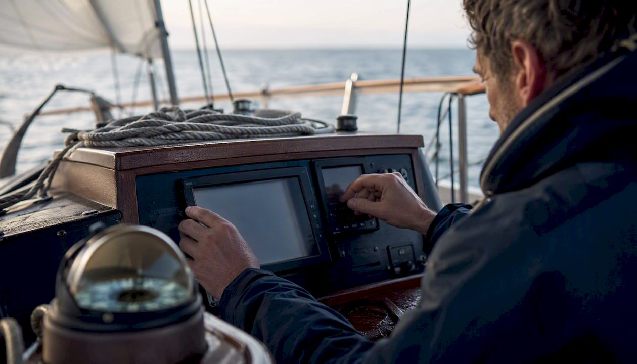 Hands adjusting maritime navigation instruments on ship deck