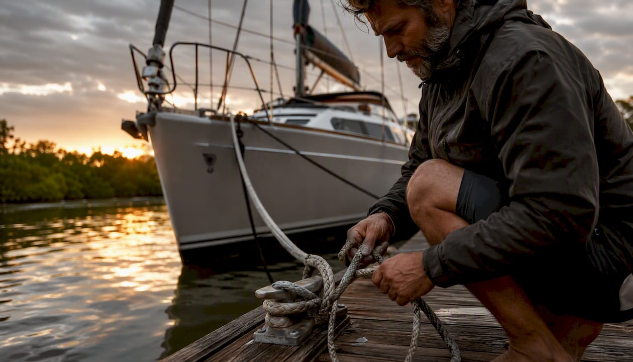 Hands securing mooring lines at marina