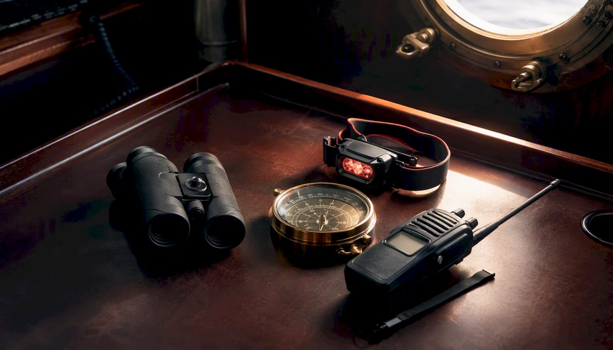Pilotage navigation tools laid out on bridge table