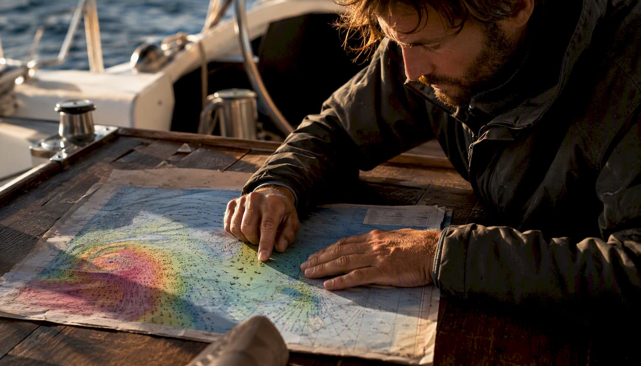 Hands pointing at wind forecast on charts