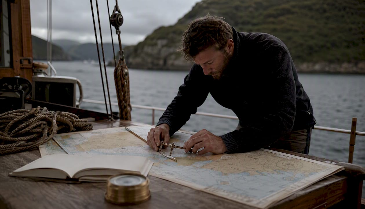 Sailor plotting weather data on deck