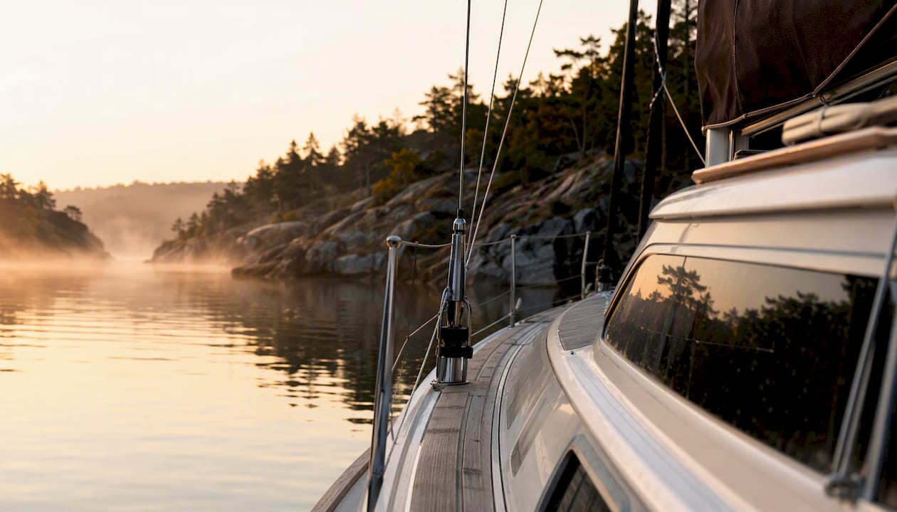 Sailing vessel underway along rocky coast at dawn