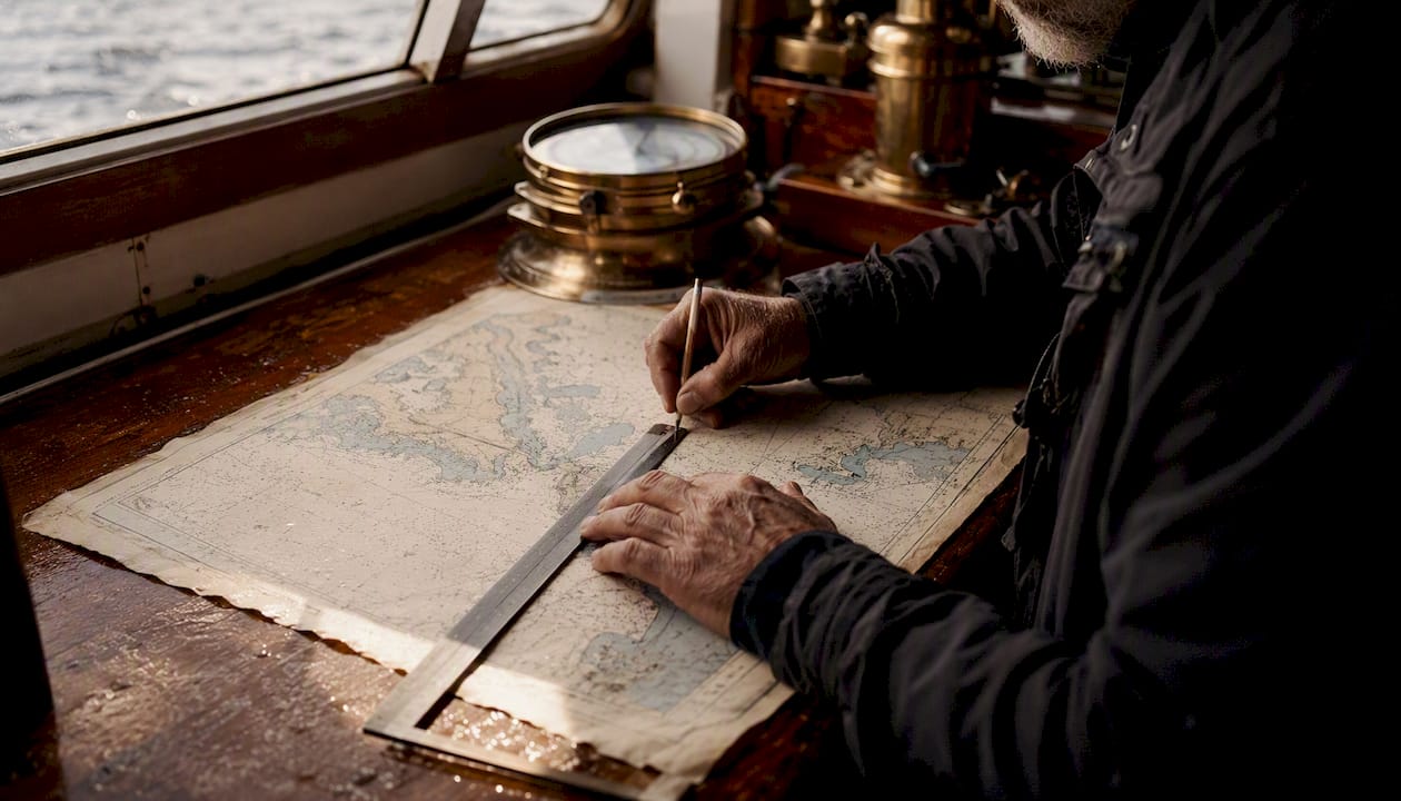 Hands plotting set and drift on nautical chart