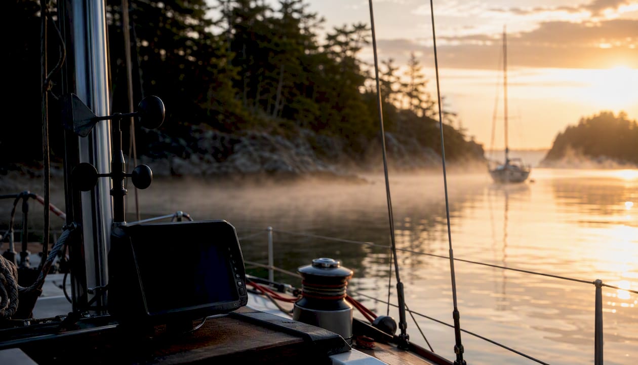 Coastal sailboat mooring at dawn with weather instruments