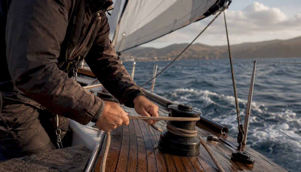 Hands trimming sails under coastal sea breeze