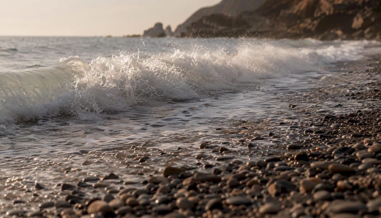 Spilling breaker wave on gentle sandy shore