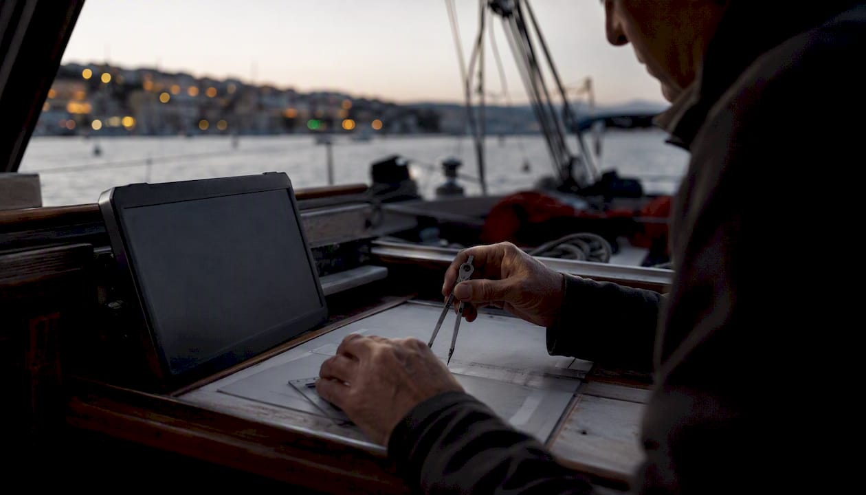 Navigator hands using compass and chartplotter in pilotage