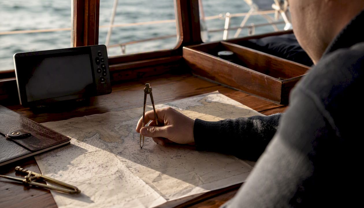 Navigator's hand with compass and nautical chart