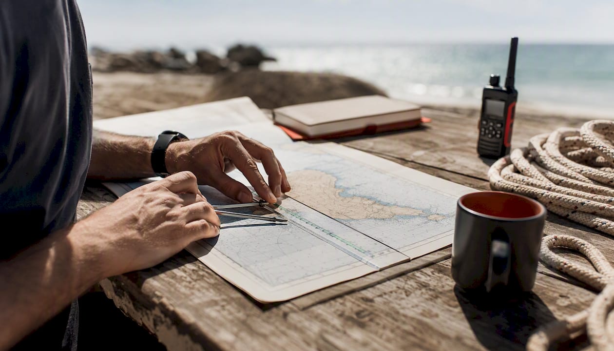 Hands plotting sailing route on nautical chart