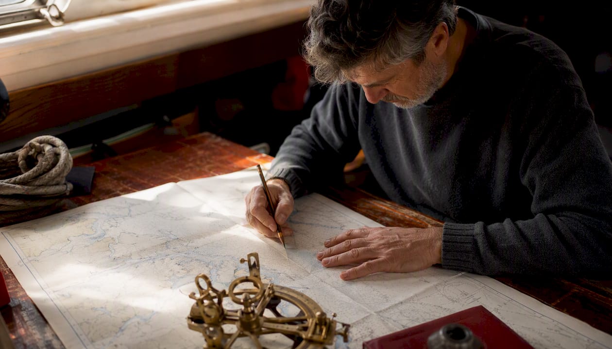 Navigator planning route on marine chart