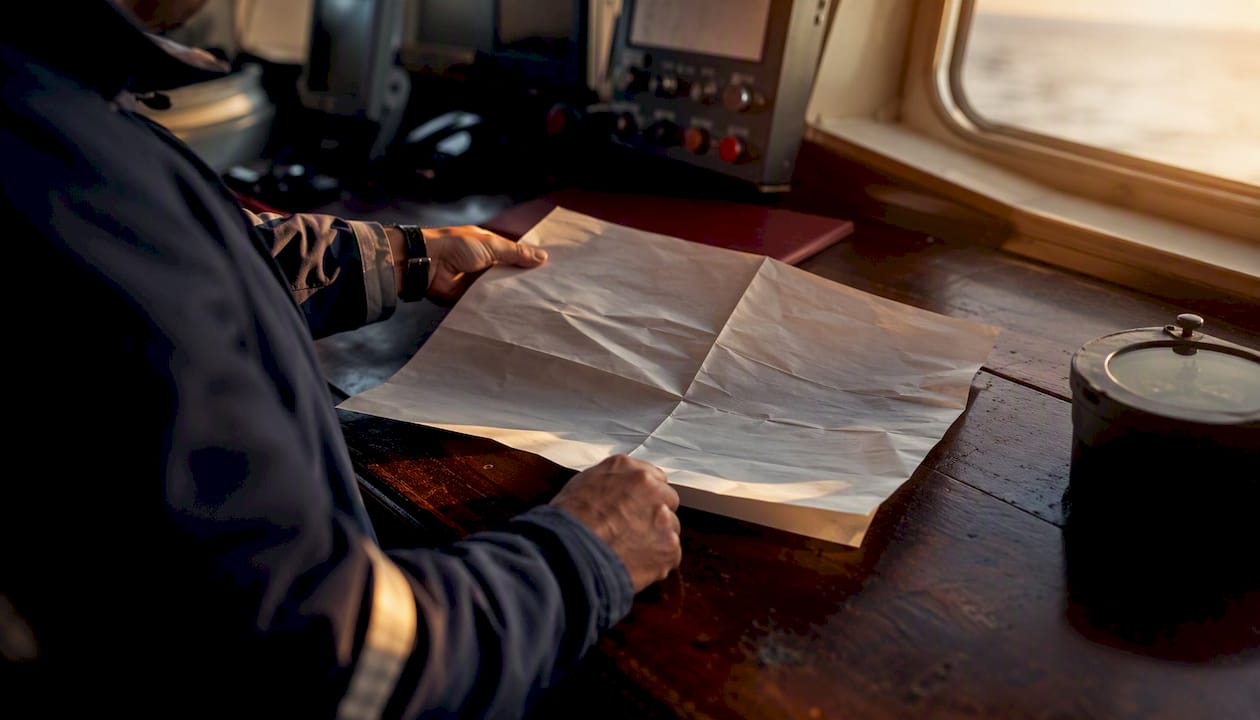 Hands pinning passage plan summary on ship bridge