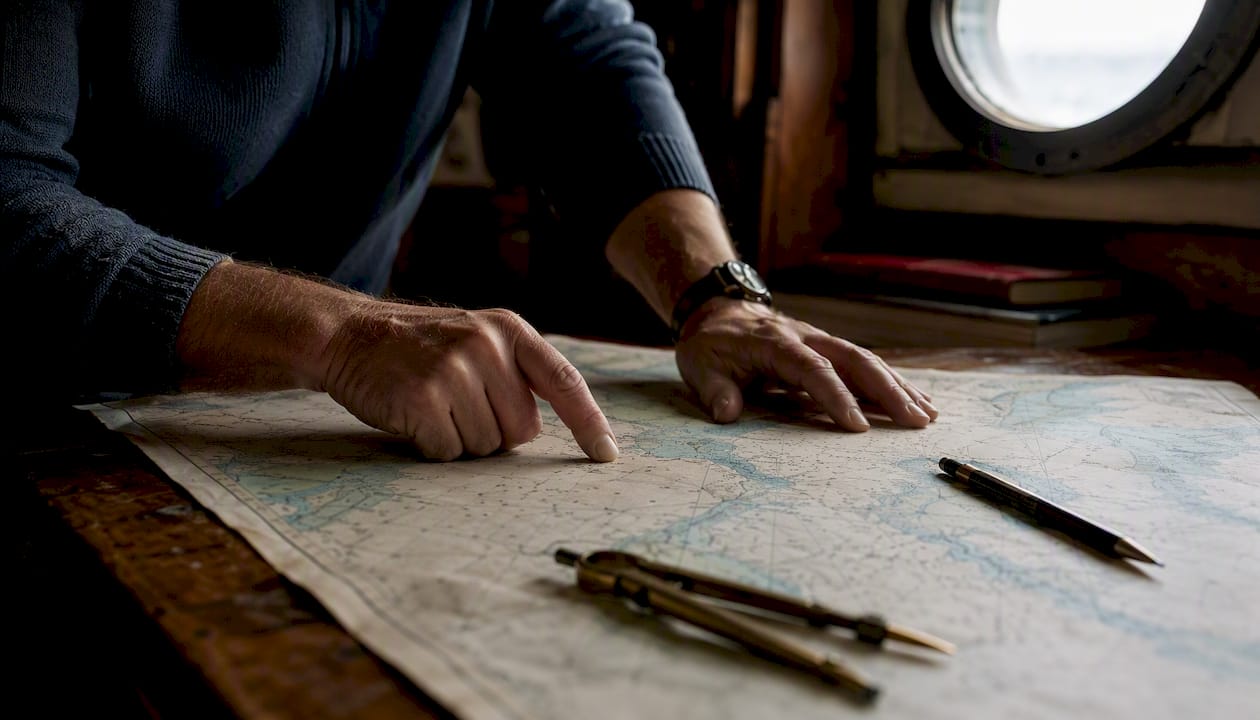 Sailor plotting route on nautical chart