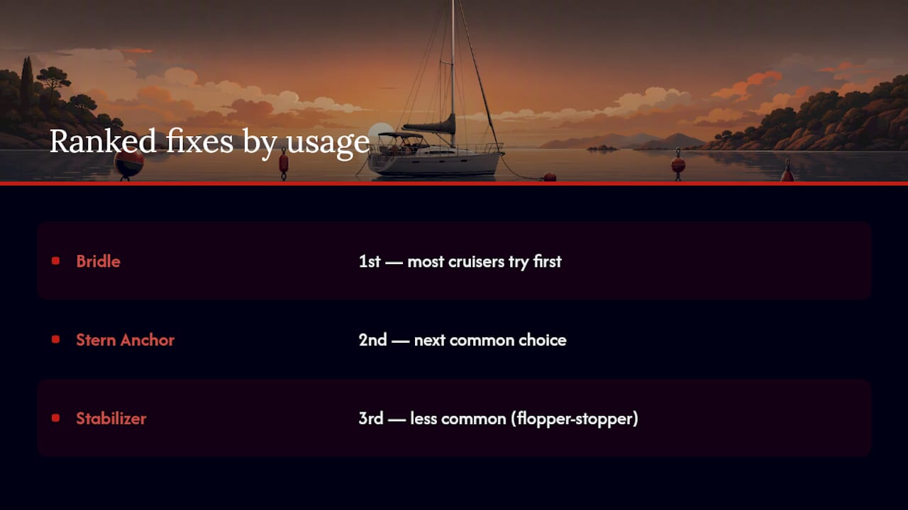 Diagram comparing boat roll fixes: bridles, stern anchors, stabilizers