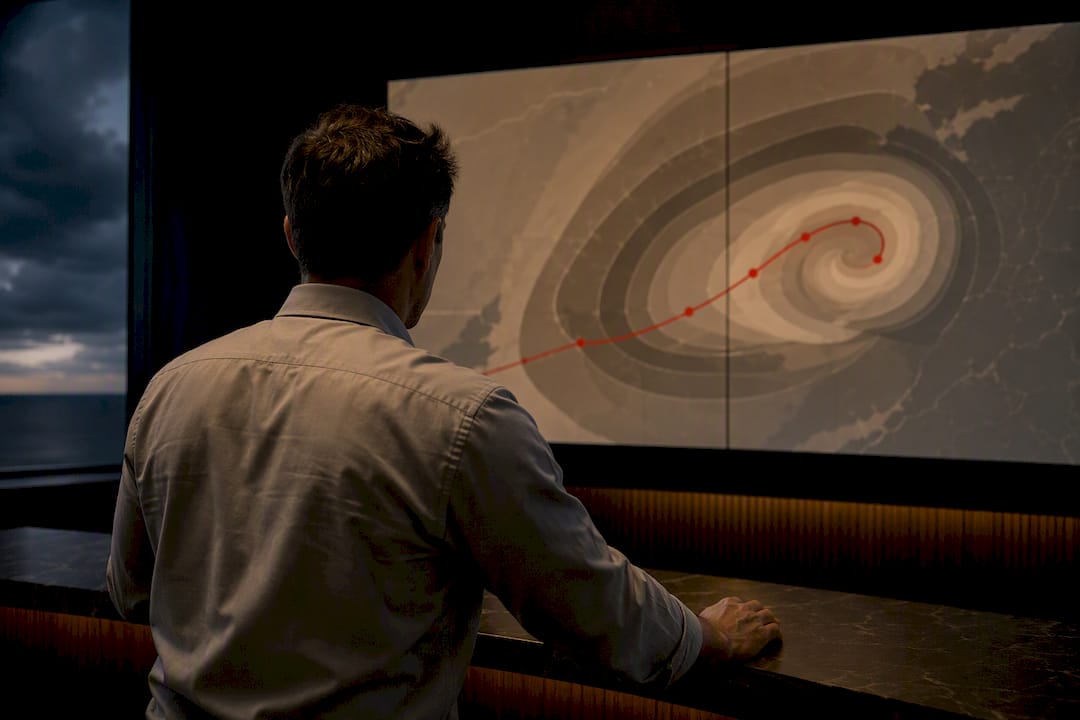 Meteorologist reviewing cyclone track uncertainty