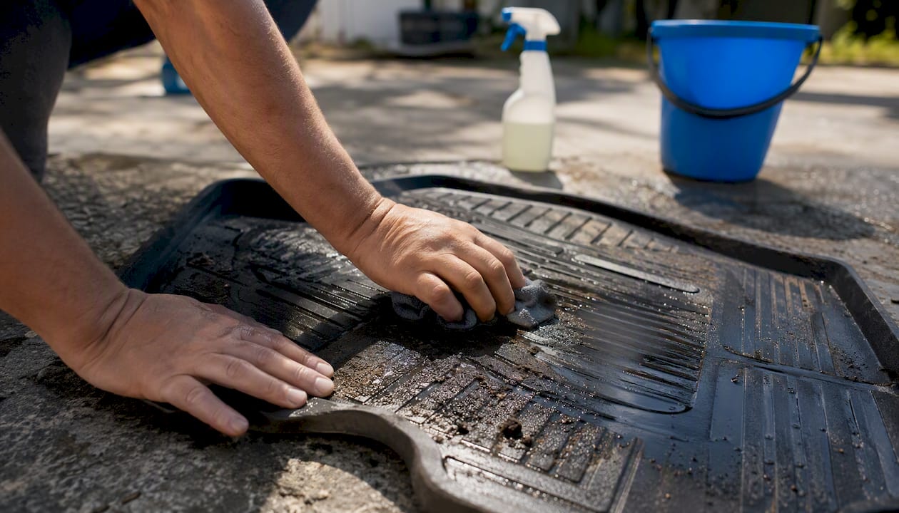 Hands cleaning dirty vehicle floor mat