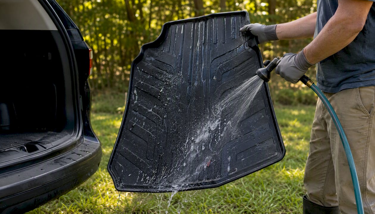 Hands lifting cargo liner to rinse paint spill outside