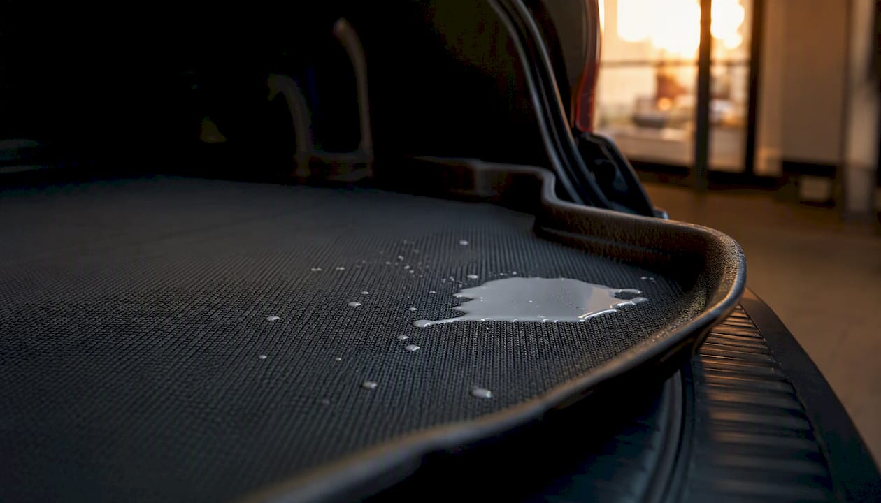 Close-up of cargo liner containing paint spill in vehicle trunk